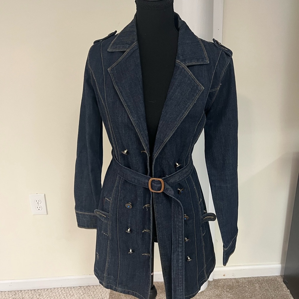 Vintage 90’s Jou Jou Women's Denim Trench Coat with Jeweled Buttons